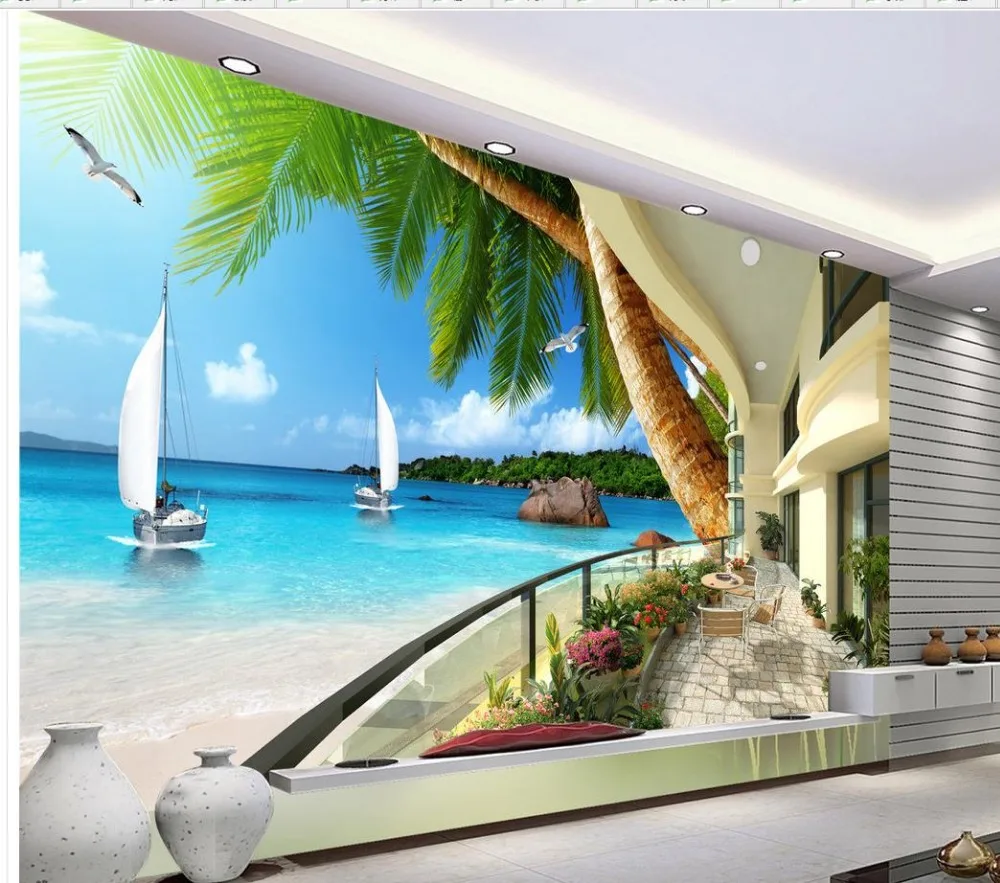 

classic painting wallpaper Hawaii resort outside balcony with sea view wallpaper for walls 3d Home Decoration