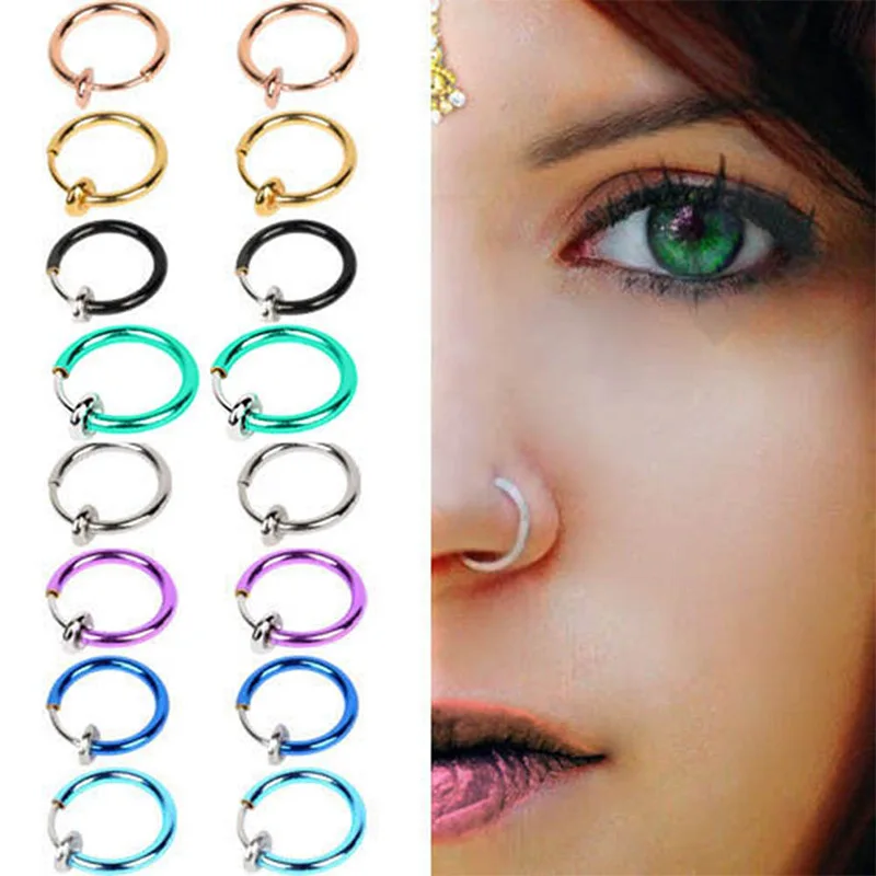 2Pcs Spring Clip Fake Earring For Mens/Womens Stainless Steel Small Ear Circle On Nose Ring Hoop Lip Ring Jewelry