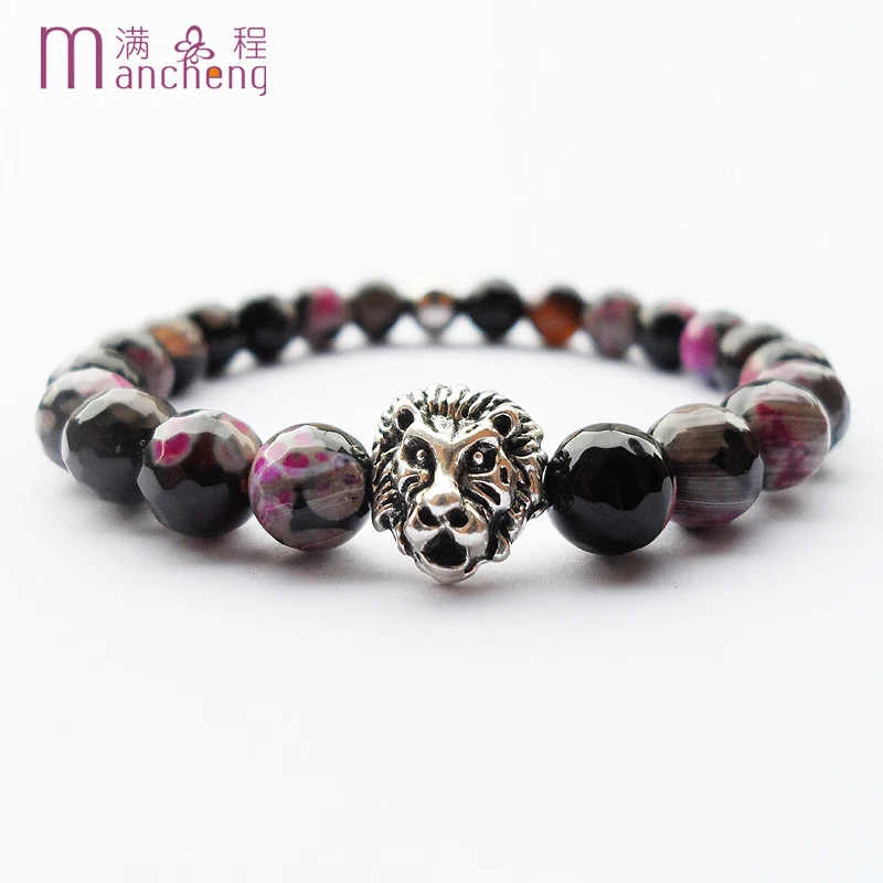 tiki tentacles Stainless steel ball Lion heads Pink Fire Agates bracelet for women polygon fire agates ball Lion head bracelet