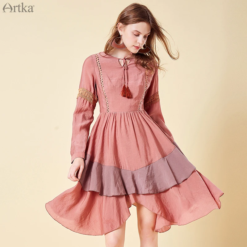 

ARTKA 2025 Summer Bean Paste Color Tassel Dress Vintage Style Knee Length O-Neck Cotton Dresses Lady Long Sleeve Dress LA15091C