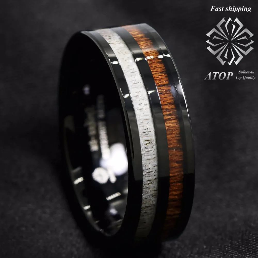 8mm Black Tungsten Carbide Ring Deer Antler and Koa Wood Inlay Wedding Band ring Free Shipping