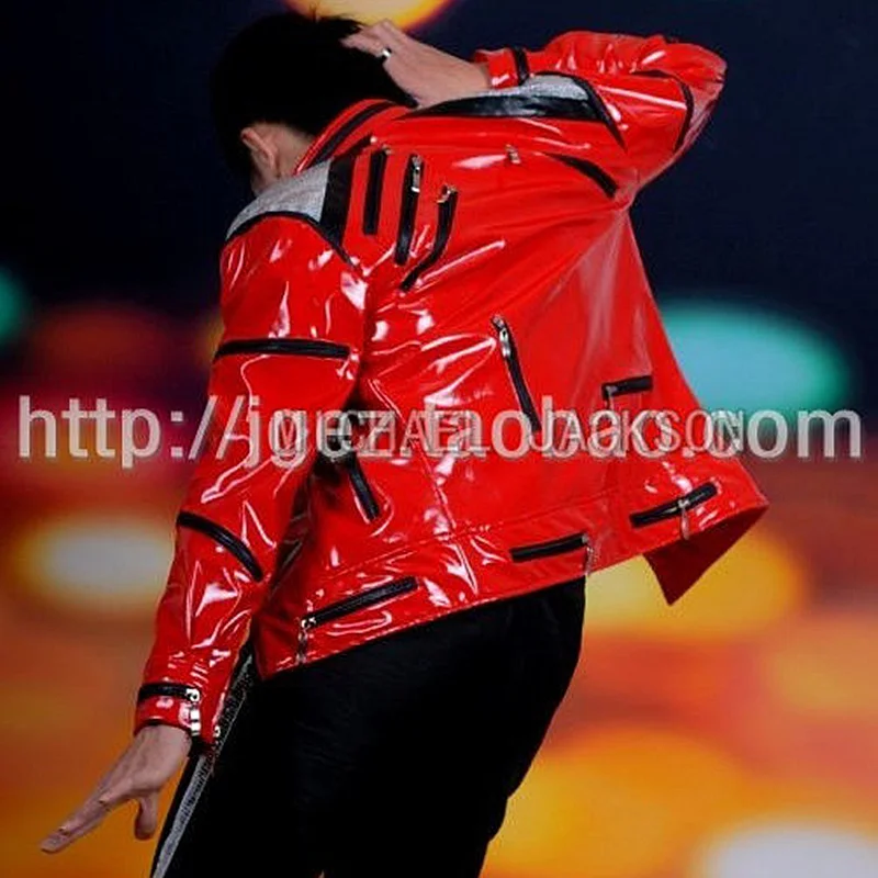 Impersonator Michael Joseph Jackson Costumes Jacket Red Beat It Zipper Sequins Leather Casual Dancer Shows Halloween