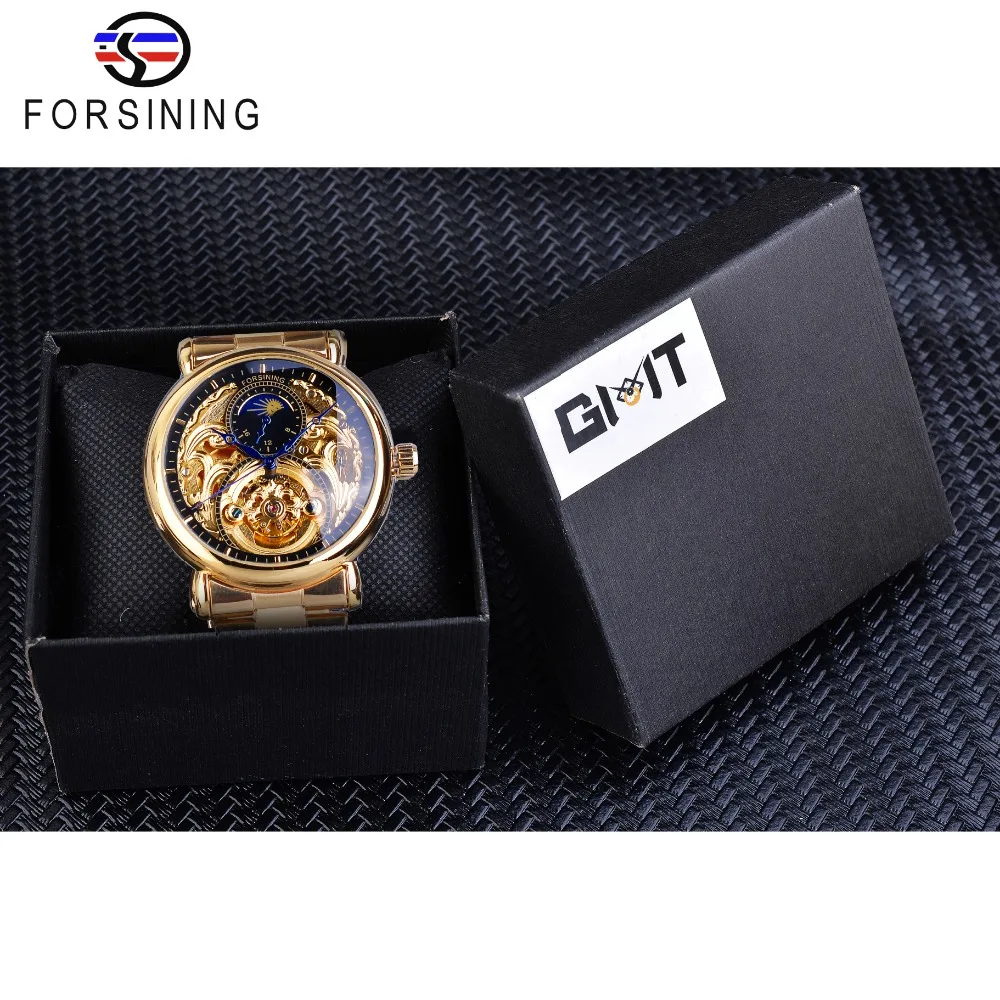 Forsining Mens Skeleton Automatic Mechanical Watch Golden Vintage Moon Phase Steel Male Wristwatch Top Brand Luxury Montre Homme