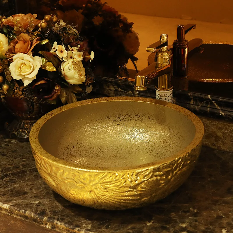 

Gold/Silver China Artistic Porcelain Handmade Embossed Ceramic Lavabo Bathroom Vessel Sink Gold Patterned Countertop wash basin