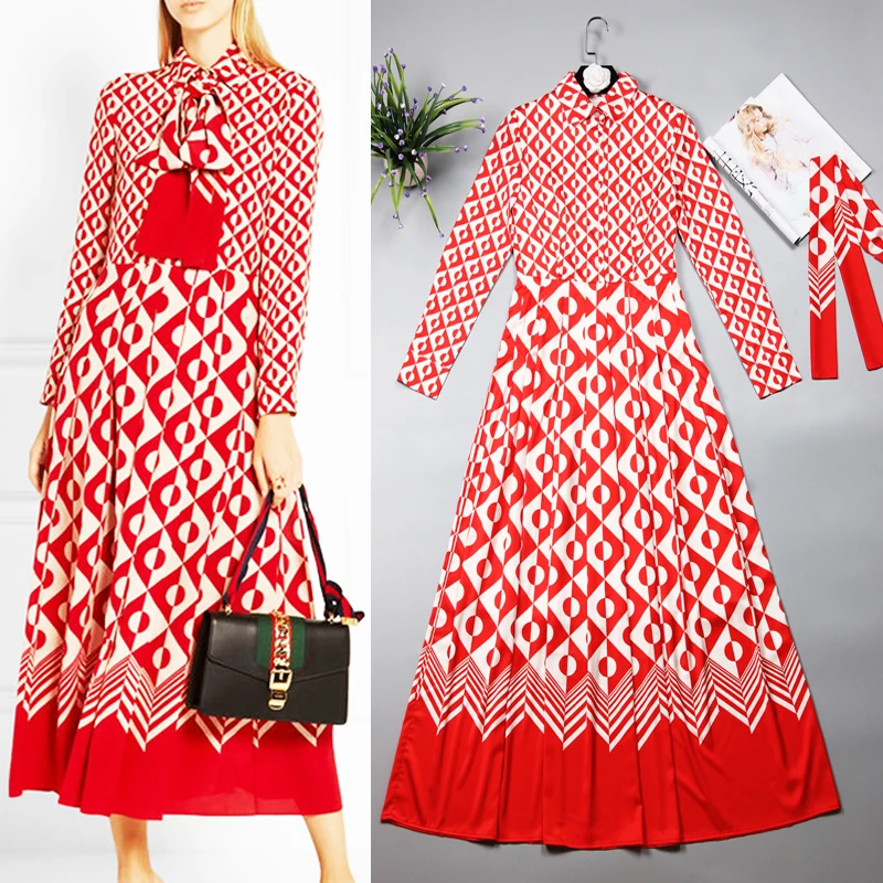 

S-4XL High Quality 2018 Brand Summer New Fashion Red Pattern Printing Long-Sleeved Tie Bow Tie Dress Smooth Fabric Comfortable