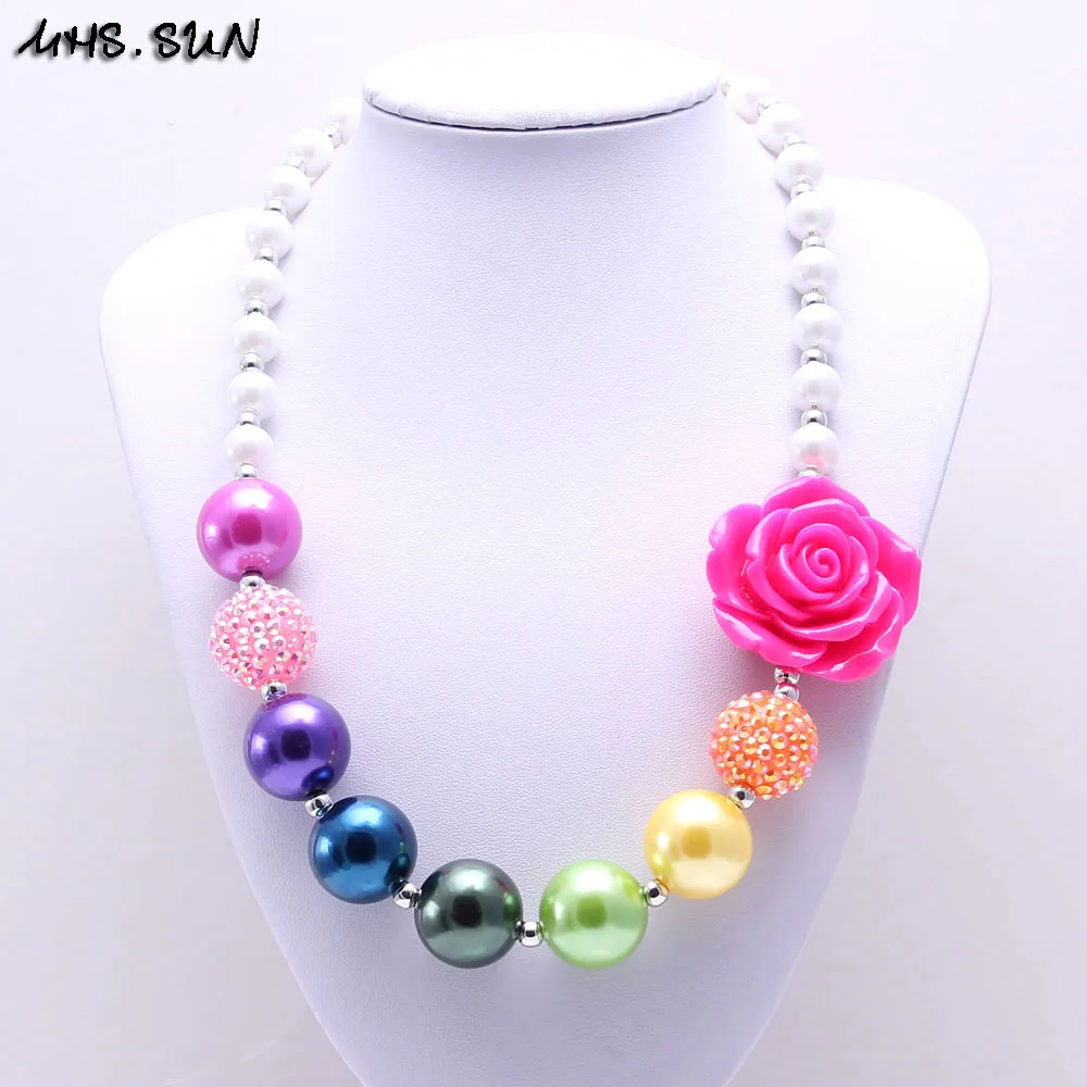 MHS.SUN 1PC Beautiful Rainbow Color Kid Chunky Necklace Flower Toddlers Girls Bubblegum Bead Chunky Necklace Children Jewelry