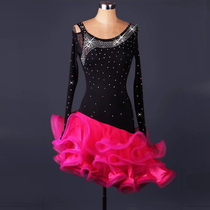 New long sleeve shoulder cut out Latin Dance Dress Women diamond Salsa Dresses Competition Dance Costume Cha Cha Dress L017