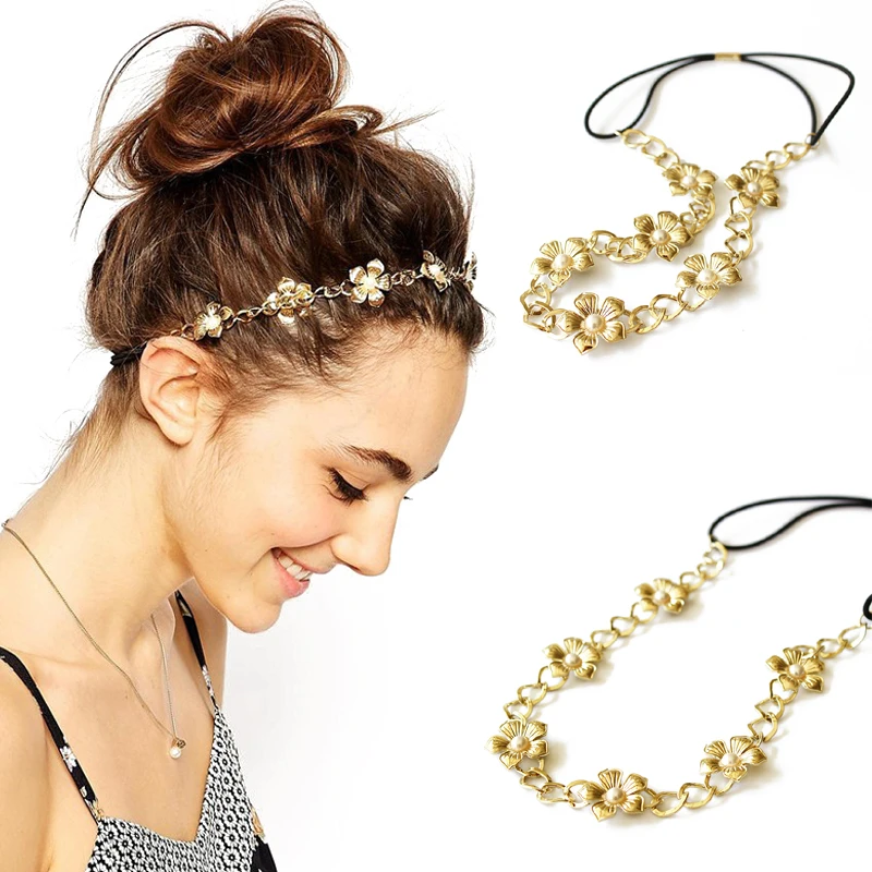 Fashion Hair Jewelry Flower Chain Headband For Women Girls Pearl Headpieces Accessories