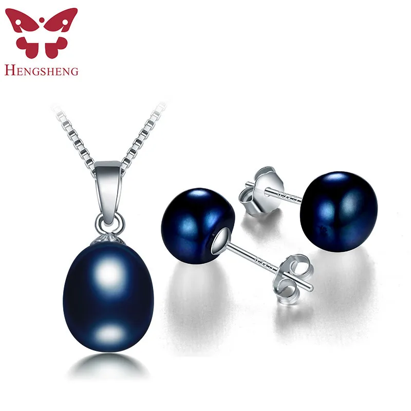 HENGSHENG Hot Sale Natural Black Pearl Set For Women,Fine Jewelry High Quality Stud Earring and Pendant, Wedding Jewelly Sets