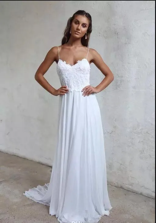 

Beach Vestido De Noiva Muslim Wedding Dresses A-line Spaghetti Straps Chiffon Lace Backless Boho Wedding Gown Bridal Dress