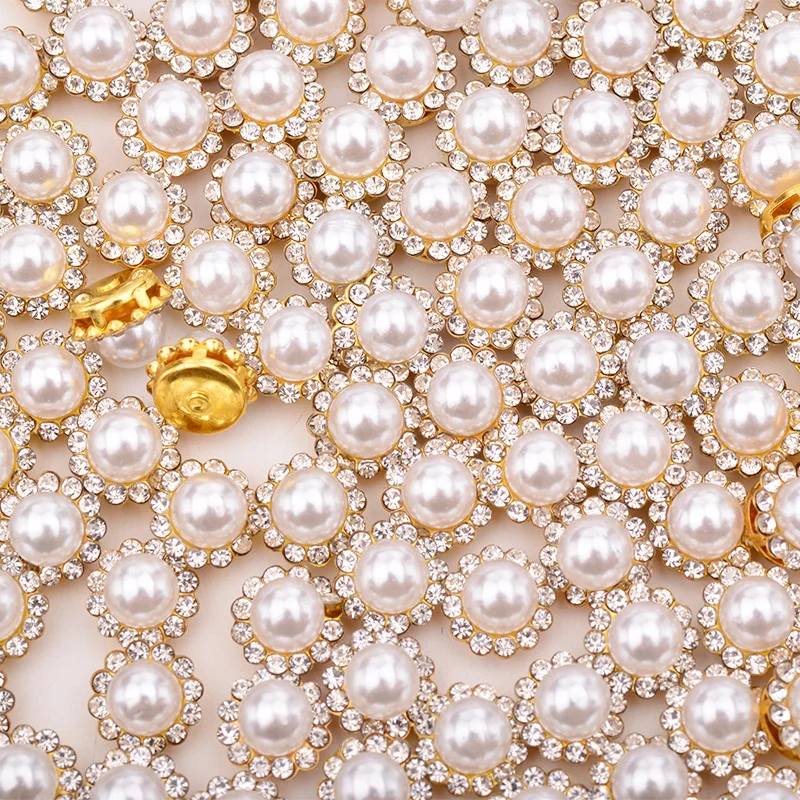 JUNAO 8 10 12 mm Sewing White Pearl Rhinestone Gold Claw Crystal Stone Sew On Round Strass Flower Applique for Dress  Jewelry