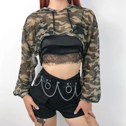 Women Sexy Camouflage Mesh Perspective Slim Long Sleeve Club Wear Party Casual Summer Cover-ups  Tops