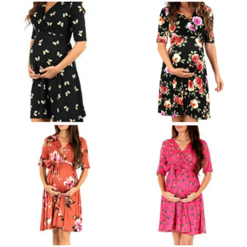 Women Large size printing Pregnant maternity Loose clothes dress Cotton Blended Short Sleeve Floral Print Maternity Dress