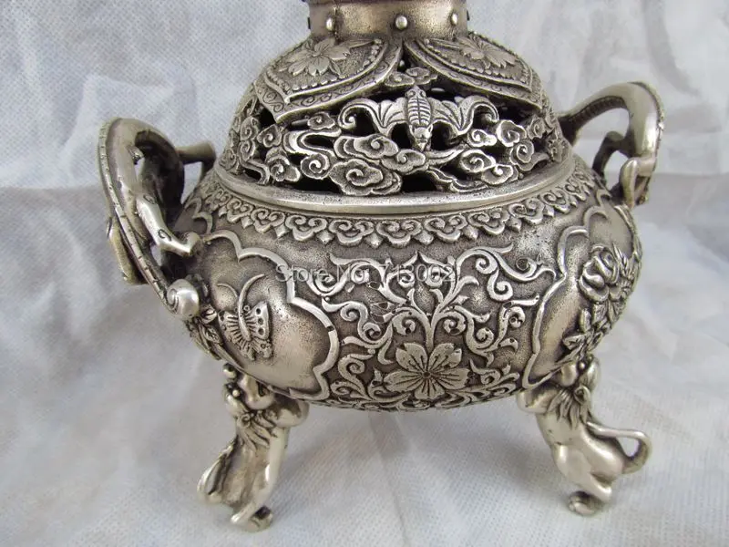 Vintage Chinese Ancient Dragon Censer Dynasty Tibetan Silver Foo Dog Incense Burner Lion Lucky Bless