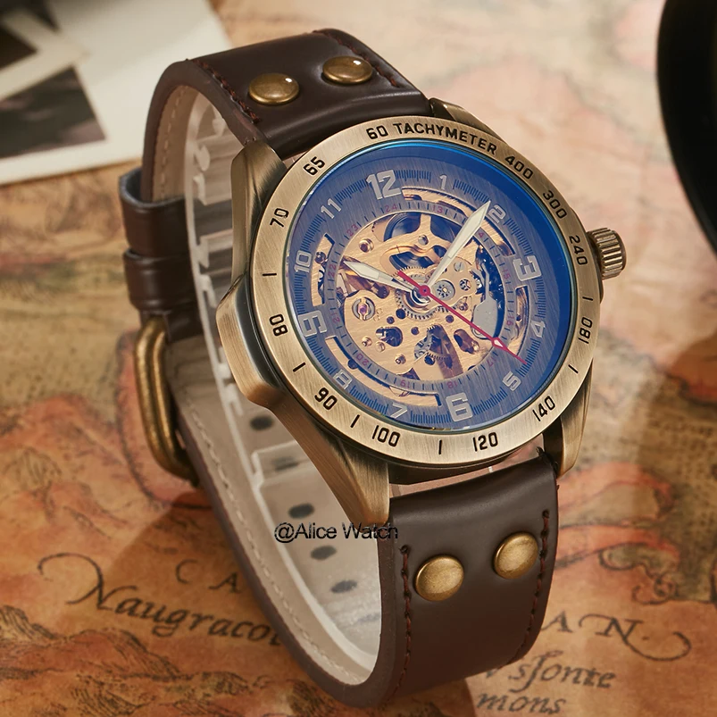 Retro Mechanical Watches Men Antique Bronze Skeleton Automatic Steampunk Leather Wristwatches Clock Male Relogio Masculino 2020