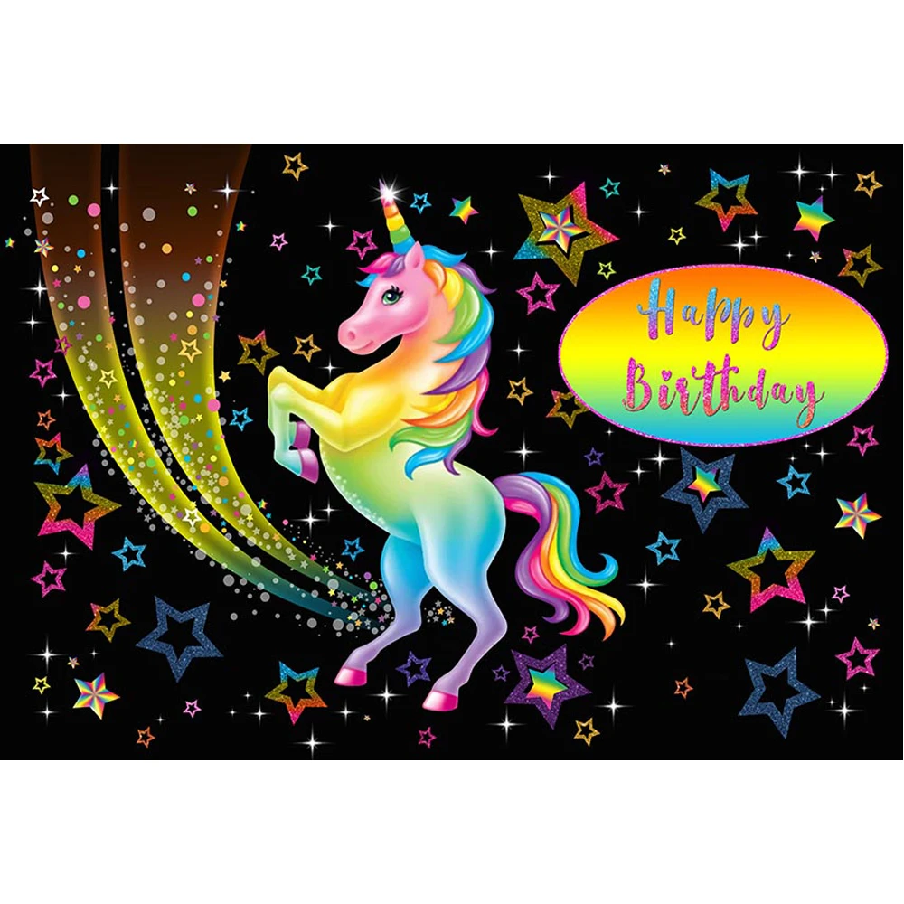 

Colorful Unicorn Backdrop for Birthday Party Printed Stars Customized Texts Princess Baby Girl Photo Shoot Background Black