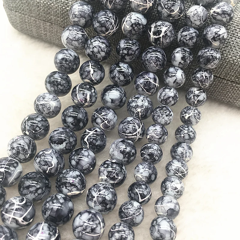 Wholesale 4/6/8/10mm Black Glass Beads Round Loose Spacer Beads Pattern For Jewelry Making DIY Bracelet Necklace #20