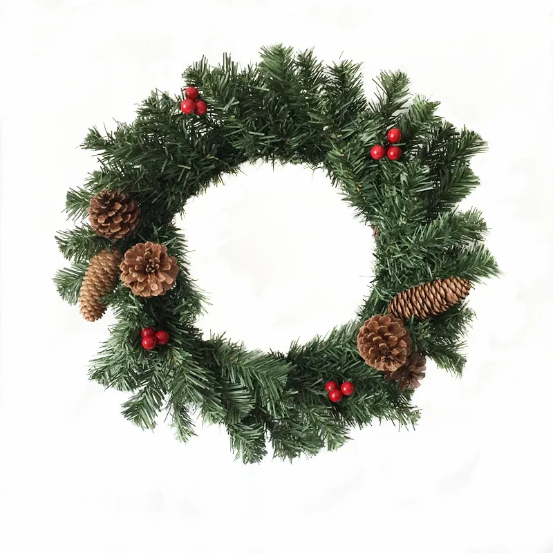 1pc/lot 19 Inch Artificial Plastic Pine Needles Wreaths with Red Berries and Pinecone Free Shipping