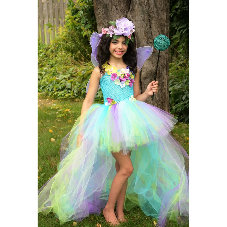 Kids Princess Flowers Rainbow Tutu Dress Baby Long Tail Fairy Costume Girls Colored Wedding Ball Gown Baby Party TUTU Clothing