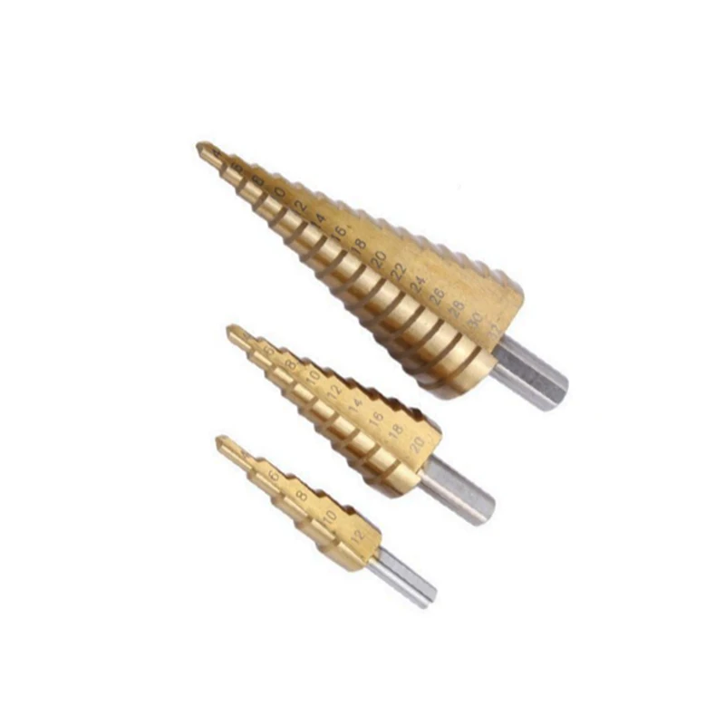 

3pcs Metric Titanium Coated HSS Spiral Groove Step Drill Bit Set of 4-12/4-20/4-32mm for Cutting Holes in Iron, Aluminum