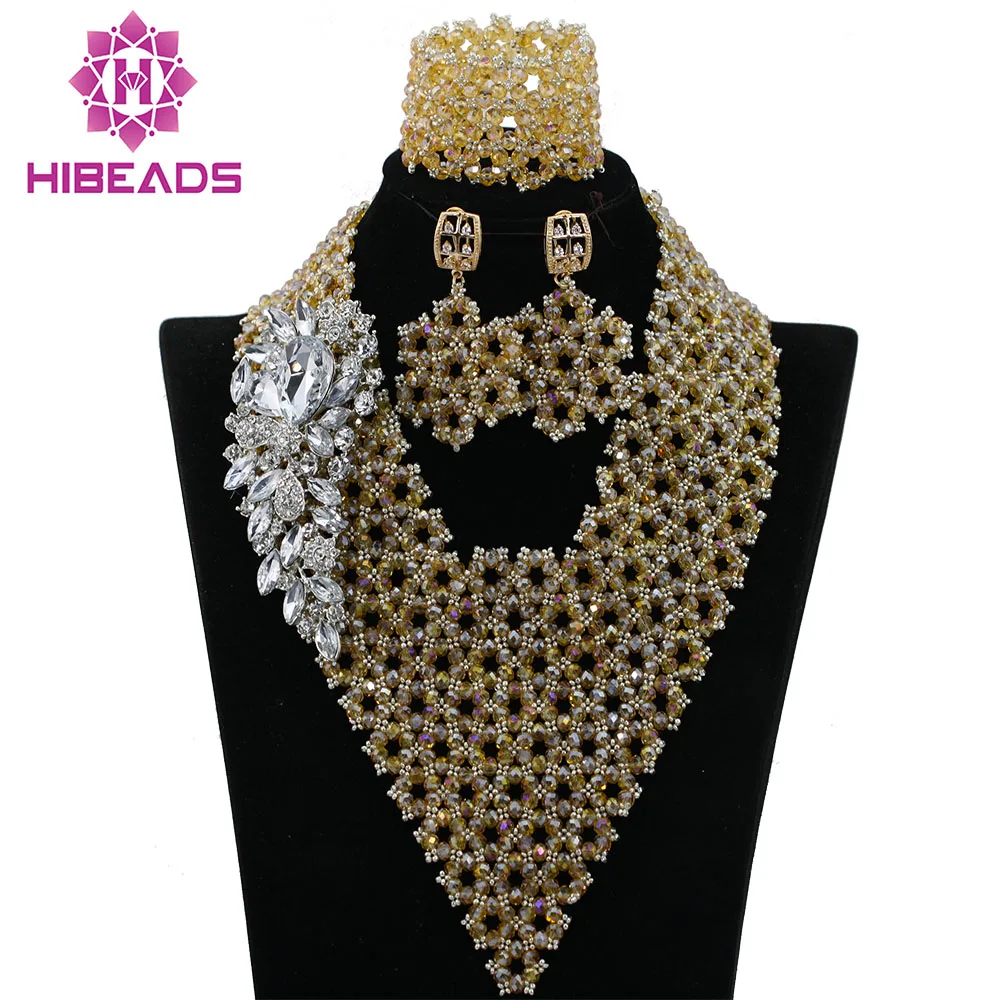 

Fashion Handmade Braid Gold Indian Bridal Beads Jewellery Set Nigerian Wedding Bib Statement Necklace Set Free Shipping ABK854