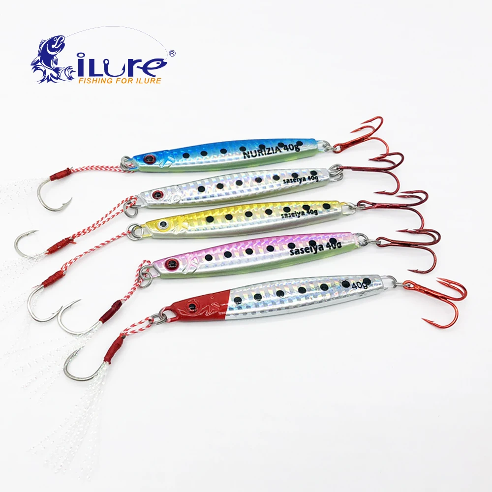 iLure 5pcs/lot Metai Jig Sea Fishing Lure 25g/40g/60g/80g/100g/120g/150g Shore Metal Spoon With Red Hook Artificial Bait