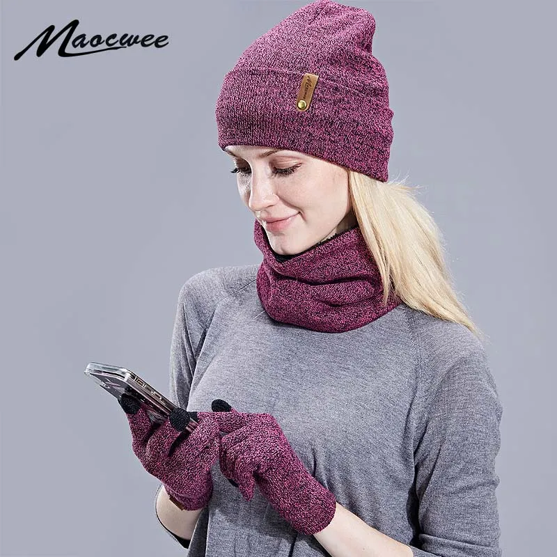 New Knitted Winter Hat Scarf Gloves Set Women Thick Touch Screen Glove Beanies Ring Scarf Female For Girls Gift