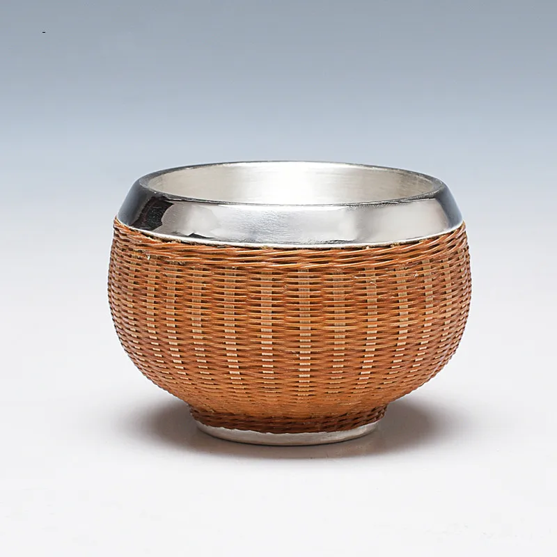 Pure Silver Handmade Bamboo-woven Silver Teacup S999 Pure Silver Kungfu Teaware Tablet Cup Water Cup Teacup