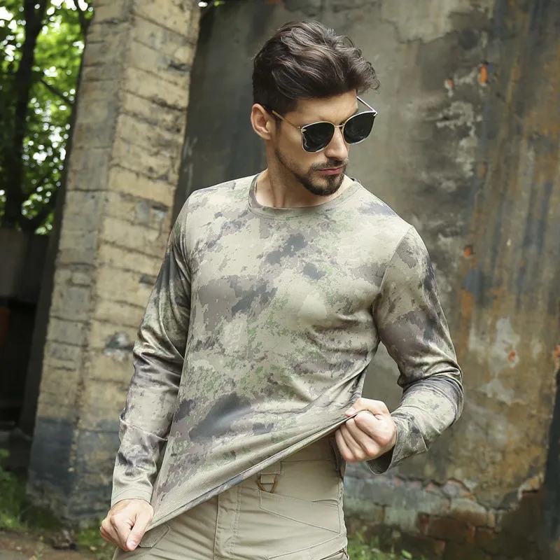 Men Summer Sports Quick Dry Long Sleeve Thin T-Shirt Outdoor Fitness Training Climbing Breathable Fast Drying Camouflage T-Shirt