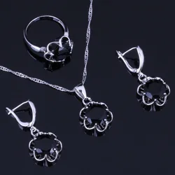 Romantic Round Black Cubic Zirconia Silver Plated Jewelry Sets Earrings Pendant Chain Ring V0982