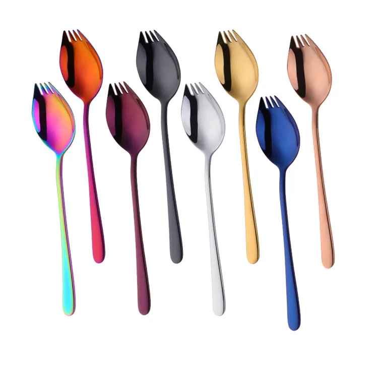 10PCS 3 IN 1 Fruit Fork 18/10 Stainless Steel Cake Forks Gold Dinner Fork Rainbow Dessert Fork For Snack Dinnerware Set Cutlery