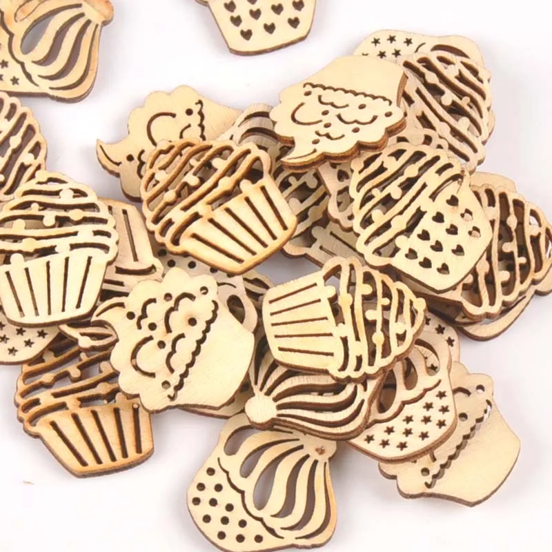 25pcs Della Miscela Scava Fuori Della Torta di Legno Ornamento FAI DA TE Fette di Artigianato Decorazione Della Casa Scrapbook di Legno Non Finiti