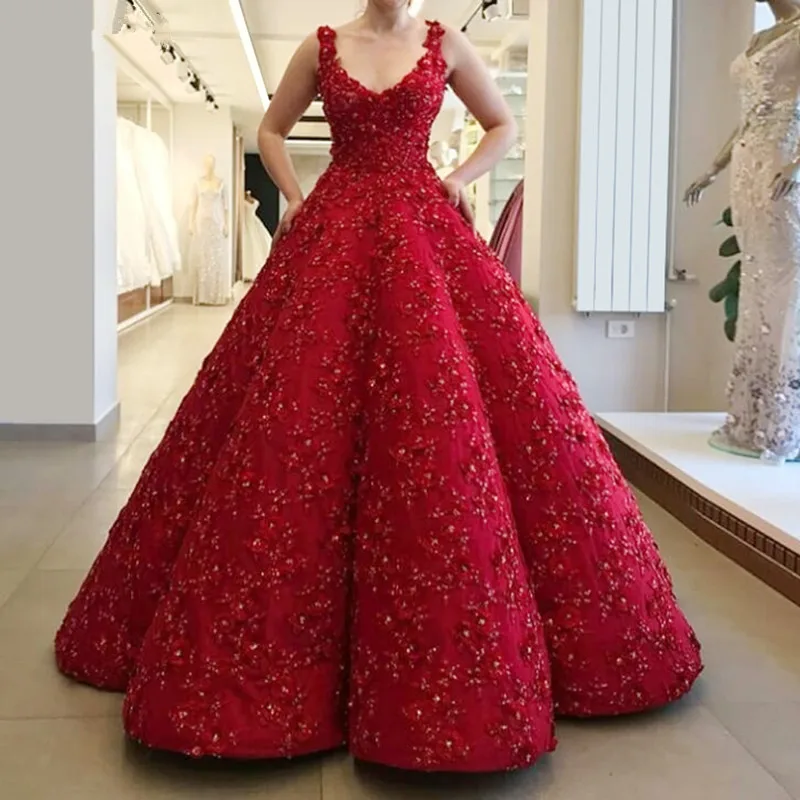 

Red Vestido De Noiva Muslim Wedding Dresses Ball Gown V-neck Beaded Crystals Boho Dubai Arabic Wedding Gown Bridal Dress