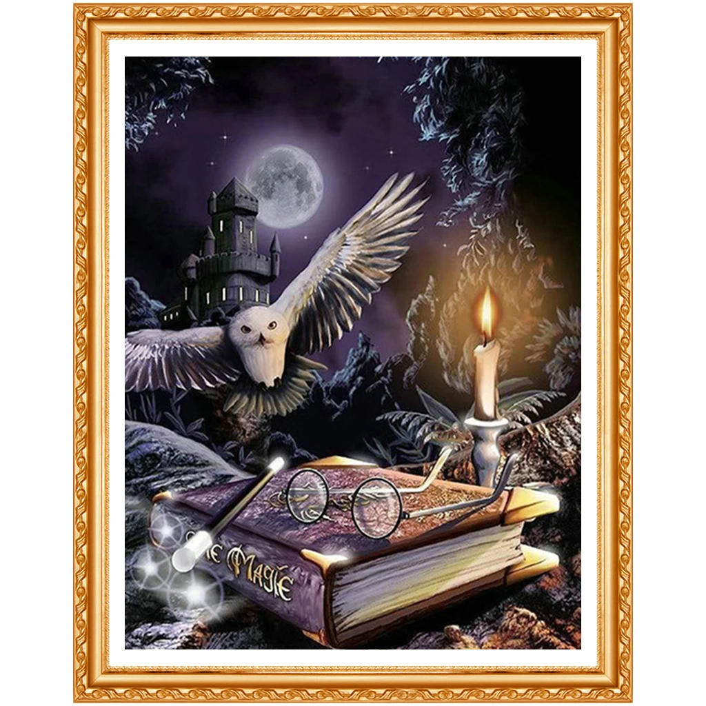 5D Diy Diamond painting Cross stitch Owl animal Diamond embroidery Magic book Full round Dimond  moon castle