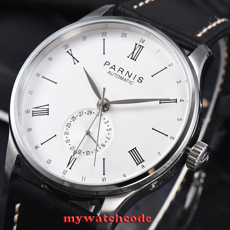 42mm Parnis White Date 24 Hours Handset ST1690 Automatic Movement Men Watch Leather Strap Glass Back 951