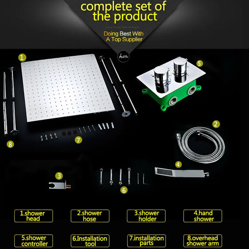 Hm 온도 조절 샤워 세트 20 "임베디드 박스 천장 LED 샤워기 강우 수도꼭지 은폐 SUS304 크롬 완료 패널