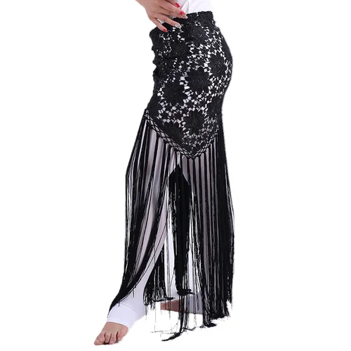 Ropa de danza del vientre hecha a mano para mujer, Ropa de baile con flores, flecos largos, cinturón triangular de ganchillo, danza del vientre, bufanda de cadera de encaje