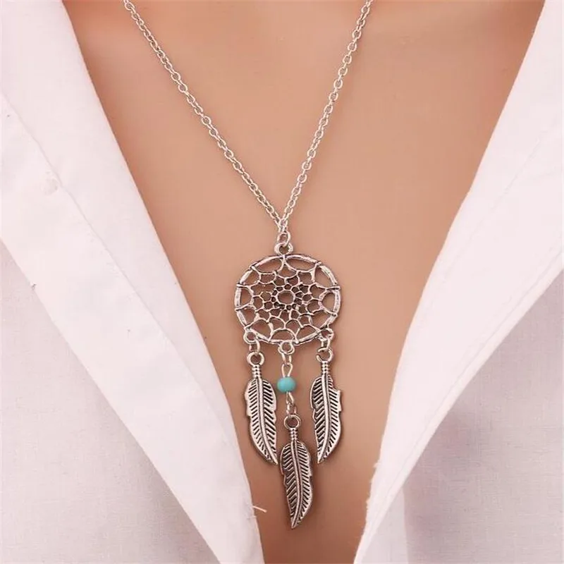 New Fashion Dream Catcher Pendant Necklace Feather Blue Beads Bohemia Women Chain Necklace Collares Jewelry Wholesale Party Gift