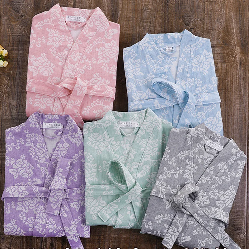 100% Cotton Bath Robe Dressing Gown Women Solid Double deck Gauze Sleepwear Lounge Bathrobe Peignoir Nightgowns Lovers Robes image 2