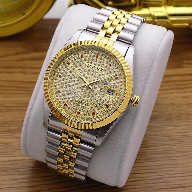 Reginald fashion relógio de pulso feminino, relógio de aço luxuoso dourado para homens e mulheres estilo cristal com data, vestimenta feminina à prova d'água