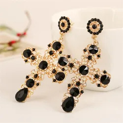 New Arrival Vintage Black Crystal Cross Drop Earrings Women Pink Baroque Bohemian Large Long Earrings Jewelry Brincos