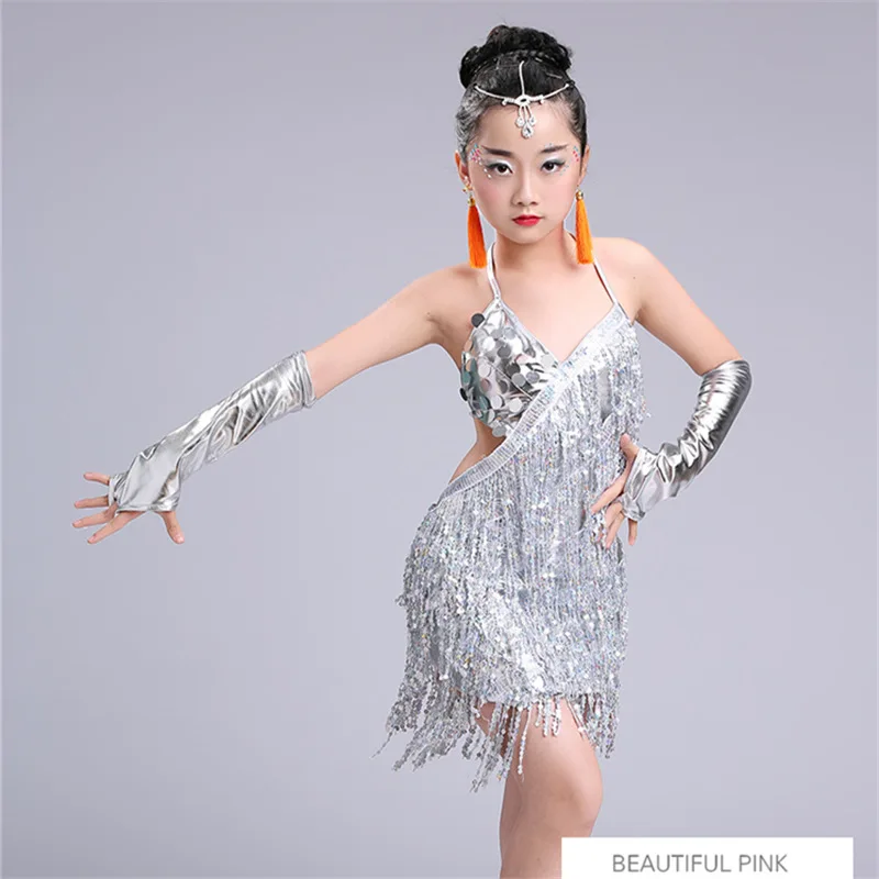 Kids Sequins Tassels Competition Costumes Latin Dance Dress Girls Gymnastics Practice Party Dancing Dresses Stage Dancewear