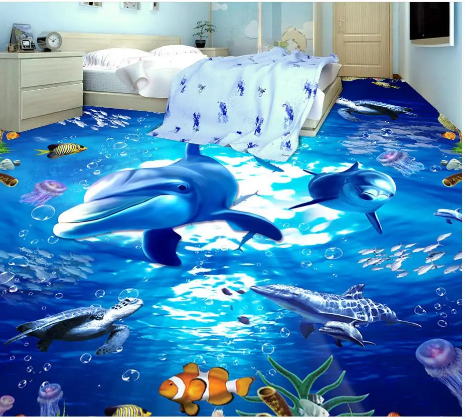 Photo floor wallpaper 3d stereoscopic  Underwater World Dolphin Waterproof floor mural painting Home Decoration