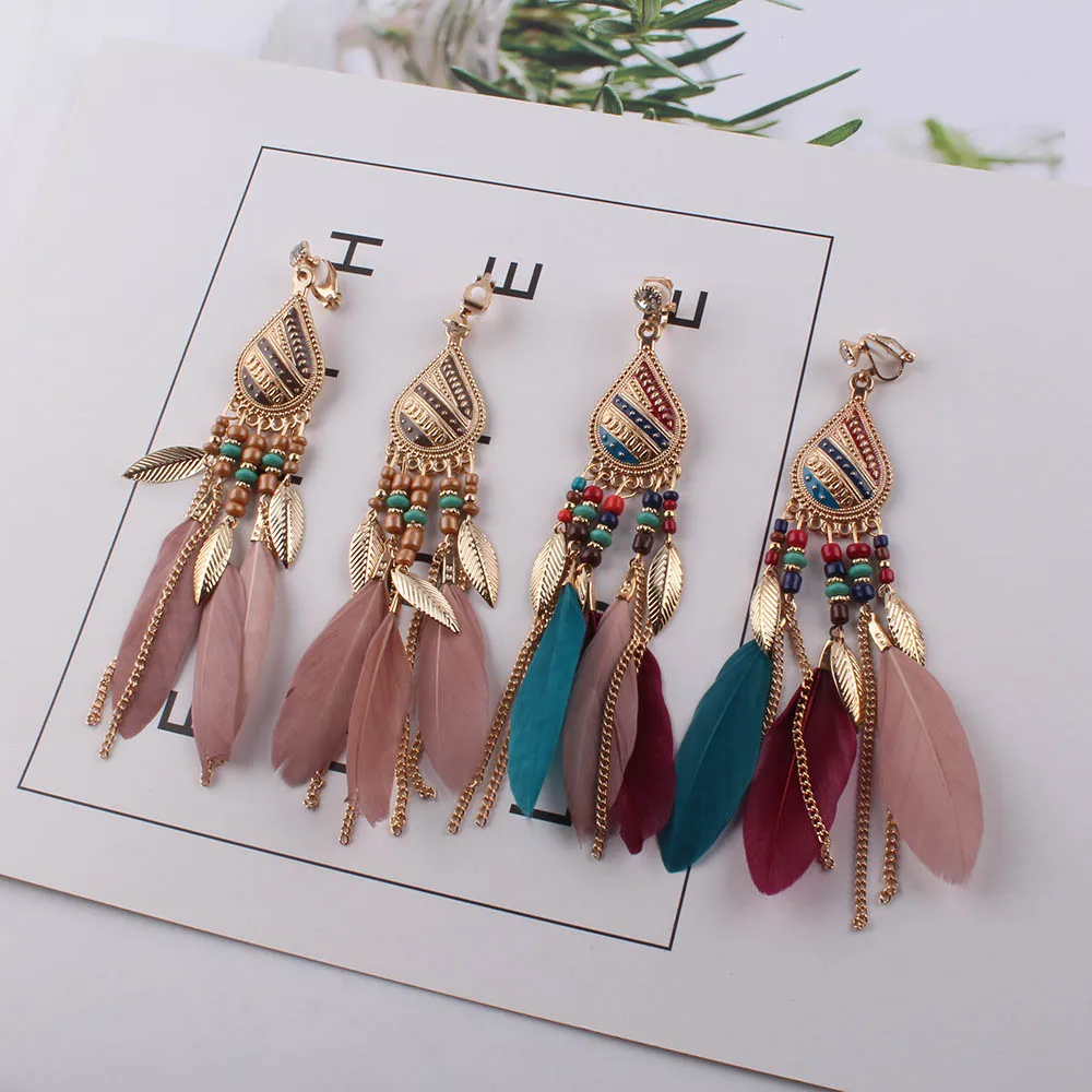 Summer Fashion Jewelry Bohemia Ethnic Vintage Long Feather Clip on Earrings 4 colors Charm Earrings BOHO Beach Holiday Style