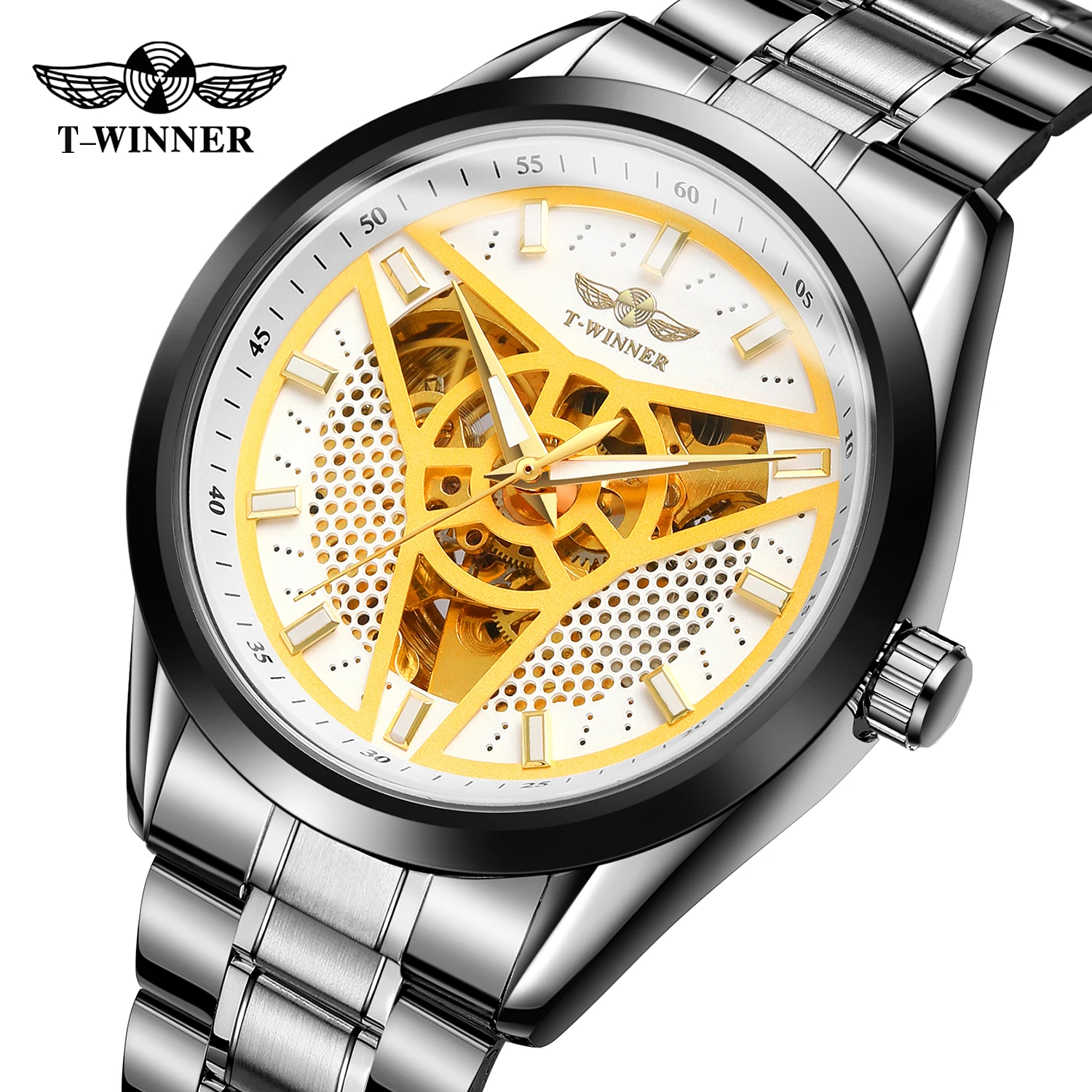 Vincitore Sport Style orologio da uomo meccanico meccanico in oro bianco triangolo dardo scheletro autentico orologio da polso in acciaio inossidabile nero pieno