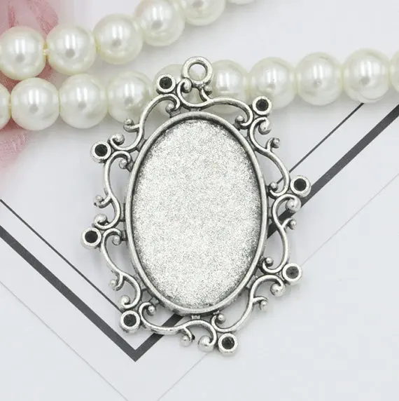 5pcs Antique Silver tone/Antique Bronze Oval Flower Border Base Setting Tray Bezel Pendant Charm,Fit 20mmx30mm Cabochon/Cameo