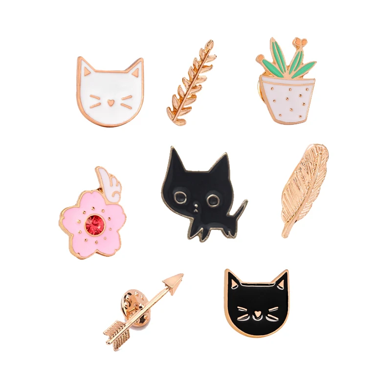 Creative Brooch Cute Black White Cat Pins Badge Potted Flower Arrow Metal Brooches Enamel Women Men Shirt Jewelry Accessories