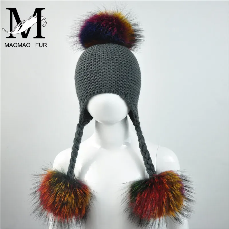 Jxwatcher Baby Knitted Winter Hats Child Real Raccoon Fur Pompom Cap Kids Warm Beanies Girls Boys Ears Fur Hat