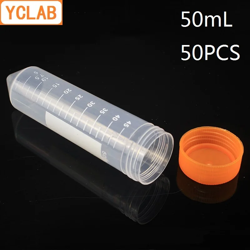 YCLAB 50PCS 50mL Centrifuge Tube EP Plastic Sharp Bottom Screw Mouth with Yellow Lid and Graduation Ethylene Propylene