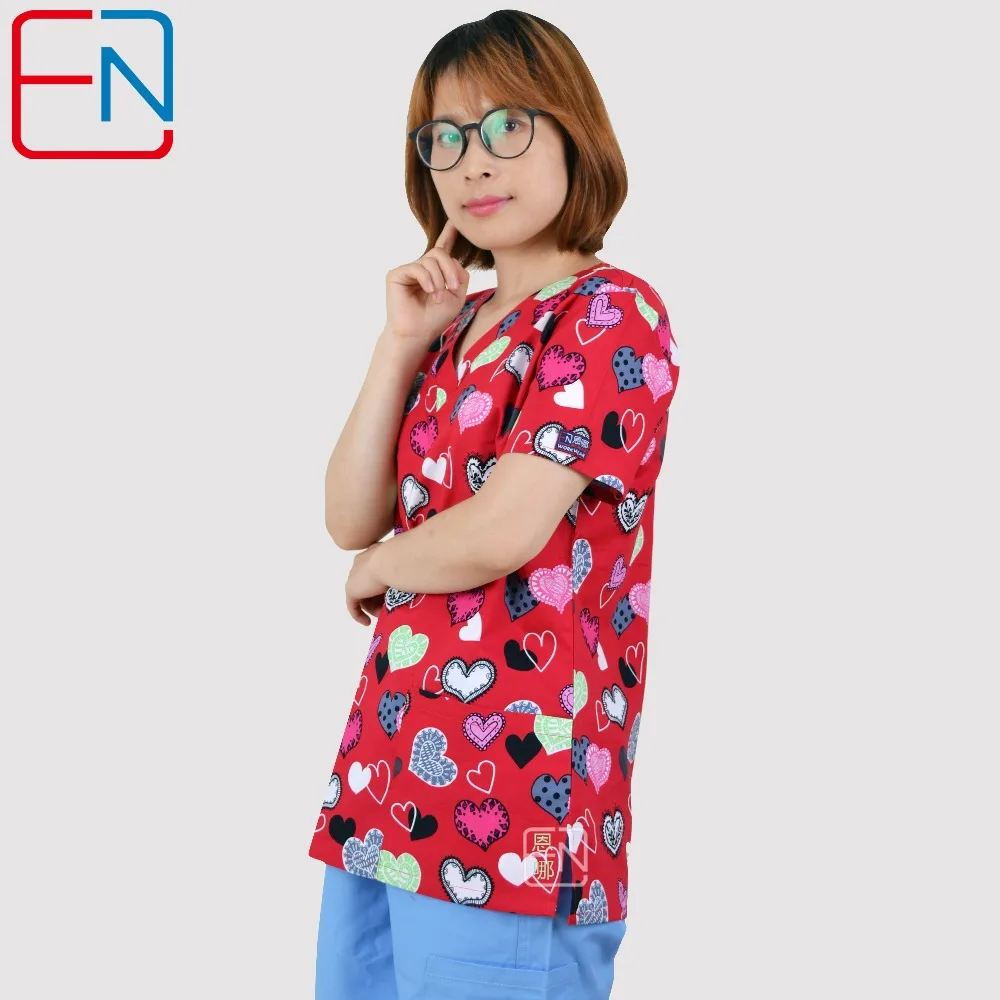 XXS-5XL Medical Scrub Tops in Hearts Prints,Surgical Scrub Uniforms in 100% Cotton